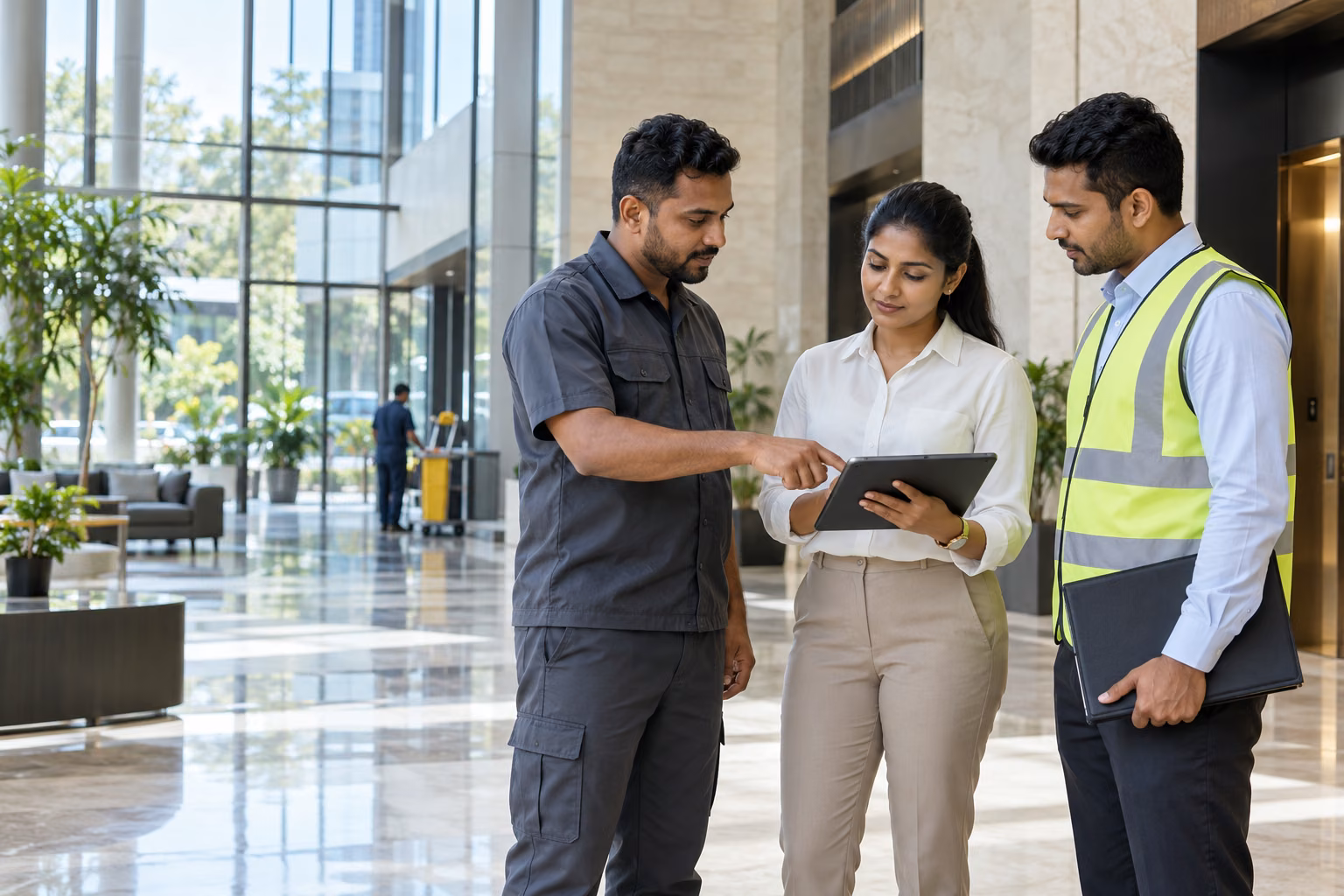 Sri Lankan facilities colleagues discussing a site checklist in a commercial building